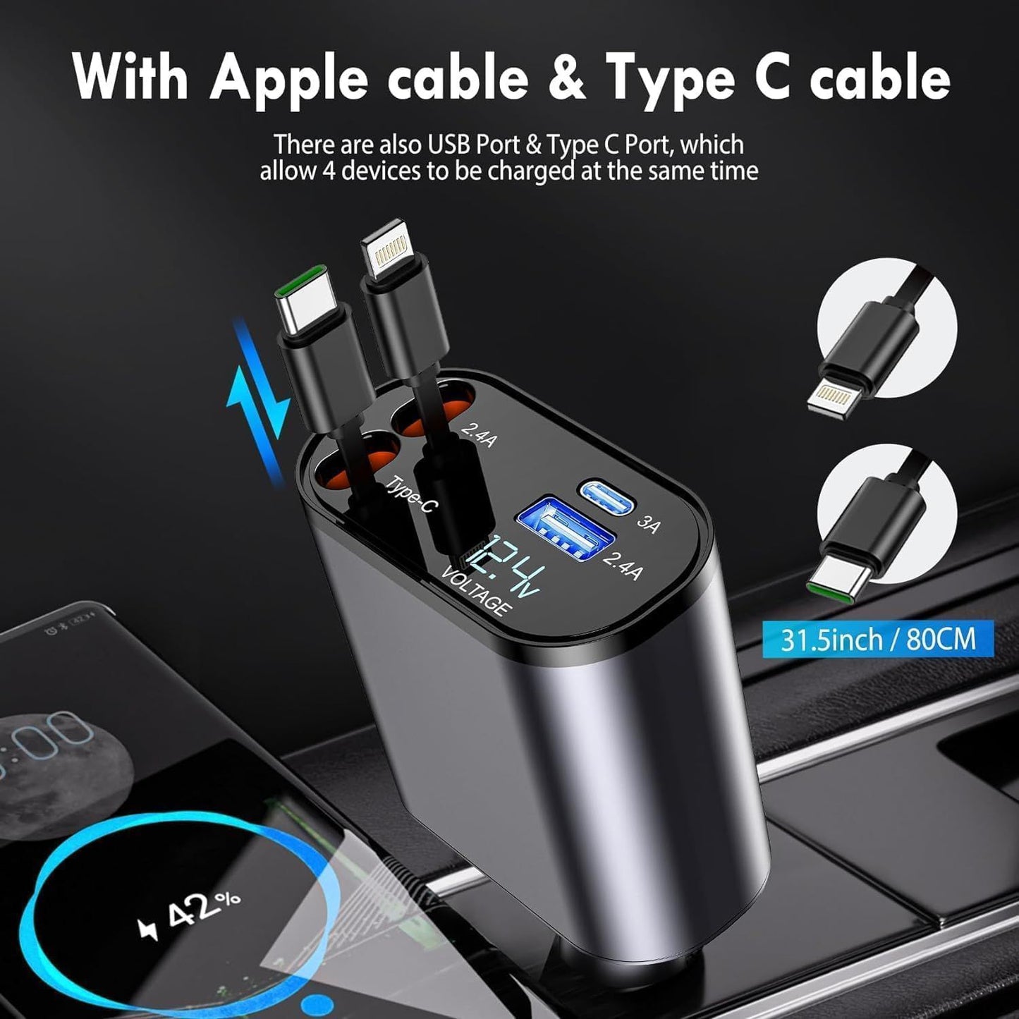 💎 Premium 120W 4-in-1 Retractable Fast Car Charger 🚗⚡