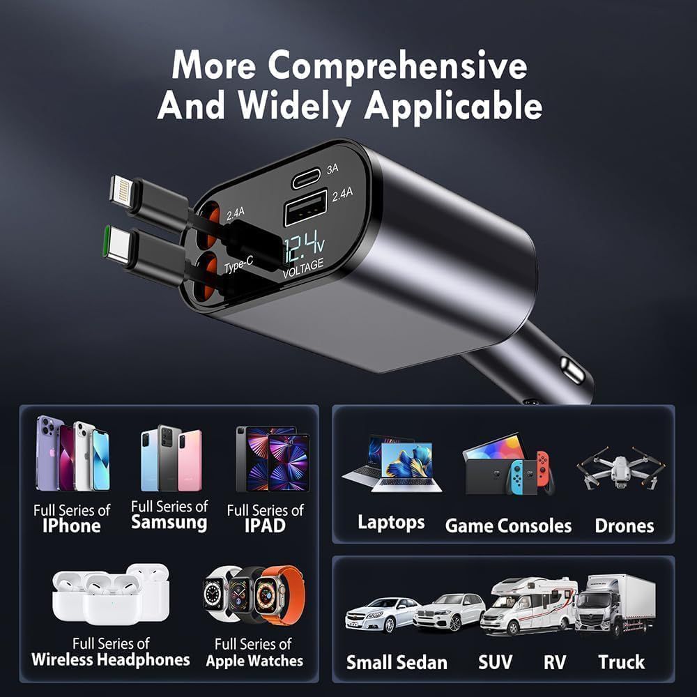 💎 Premium 120W 4-in-1 Retractable Fast Car Charger 🚗⚡